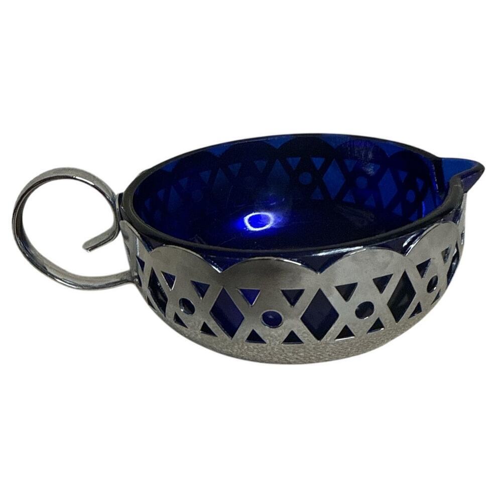 Vintage Creamer Filigree Chrome Plated Bowl with Cobalt Blue Glass Liner